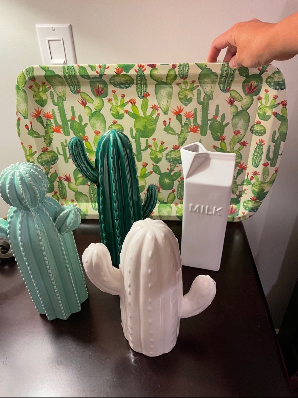 Cactus Ceramic Decor Trio with White Milk Pitcher  and platter Green & white